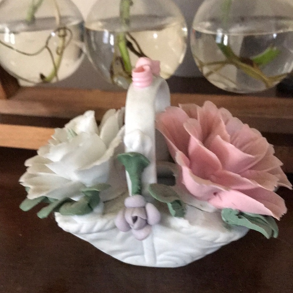 Porcelain Floral Basket Centerpiece - Pink & White